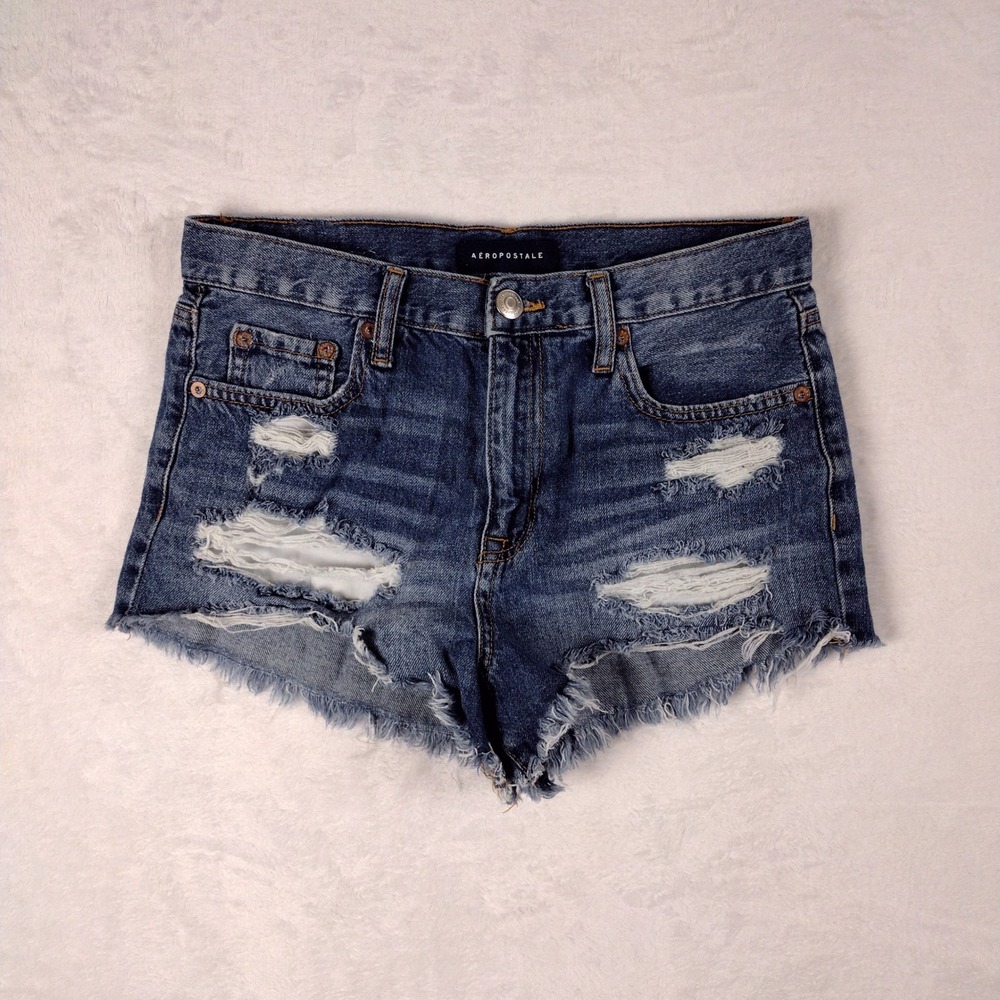 Aeropostale High Rise Shorty Distressed Denim Jean Shorts Medium Wash Womens 4